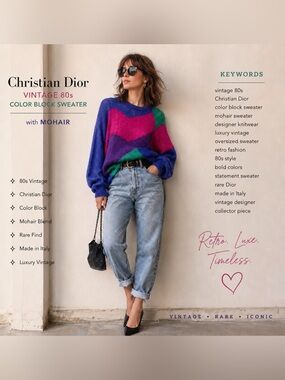 VTG Christian Dior Sweater Mohair Blend Colorblock 80s size Medium